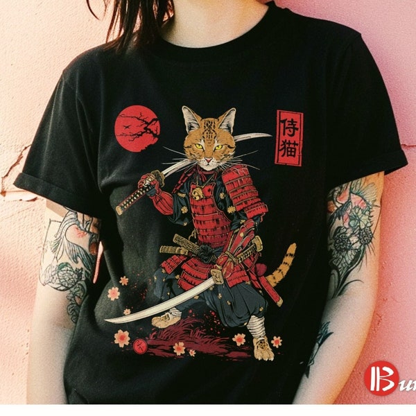 Samurai Cat T-shirt, Japanese Cat Art Aesthetic, Cat Lover T-Shirt, Heavyweight Unisex Crewneck T-shirt Men, Women, Kids