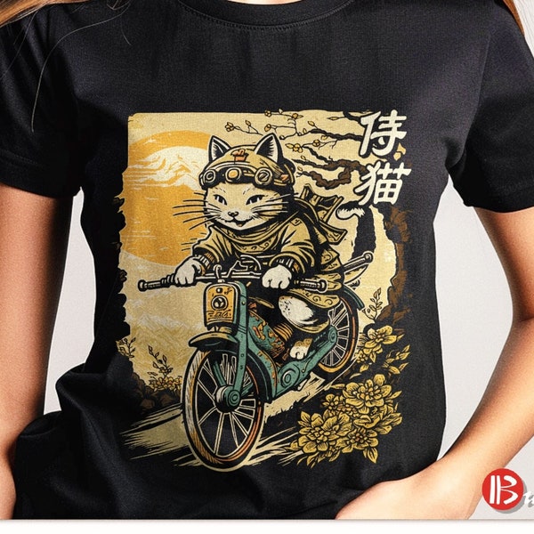 Japanese Samurai Cat on Motorcycle, Cat Lover Gift, Cat Shirt, Kitten Lover Gifts, Cat T-shirt, Men, Women, Kids Heavyweight Unisex T-Shirt