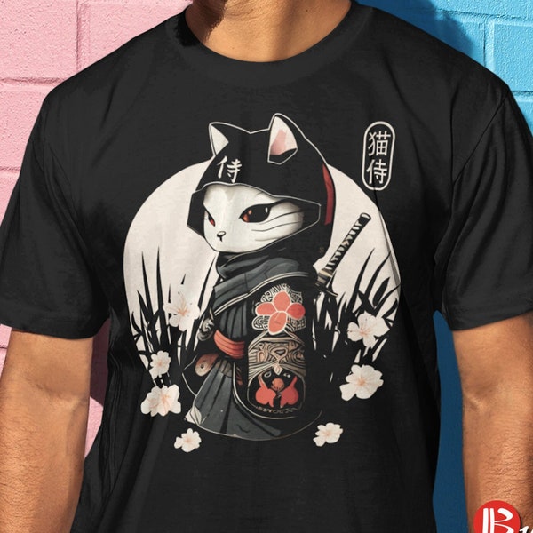 Samurai Cat T-Shirt, Japanese Kawaii Ninja Cat T-Shirt, Samurai Cat Tattoo Style, Ninja Samurai Kitten, Cat Lover Women, Men, Kids T-Shirt