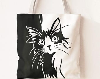Black White Cat Face Tote | Modern Cat Lover Art, Everyday Market Bag