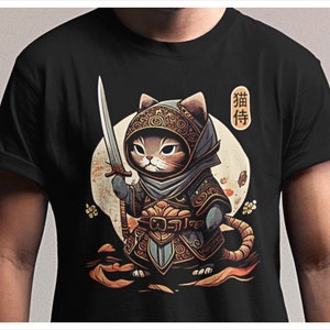 Samurai Cat T-Shirt, Japanese Kawaii Ninja Cat T-Shirt, Samurai Cat Tattoo Style Shirt, Ninja Samurai Kitten, Cat Lover T-Shirt