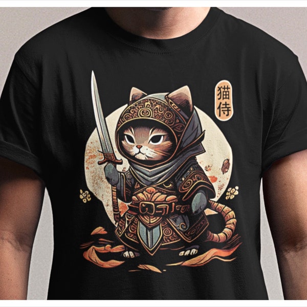 Samurai Cat T-Shirt, Japanese Kawaii Ninja Cat T-Shirt, Samurai Cat Tattoo Style Shirt, Ninja Samurai Kitten, Cat Lover T-Shirt