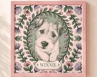 Custom Dog Portrait Poster | Personalized Floral Pet Wall Art | Vintage Garden Dog Memorial Gift