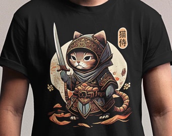 T-shirt chat samouraï, T-shirt chat ninja kawaii japonais, chemise style tatouage chat samouraï, chaton samouraï ninja, T-shirt amoureux des chats