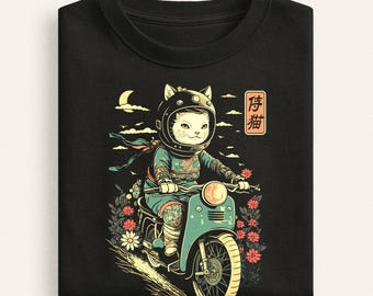 Samurai Cat Motorcycle T-Shirt, Japanese Kitten Art