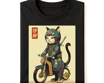 Samurai Cat Motorcycle T-Shirt, Japanese Kitten Ninja Art