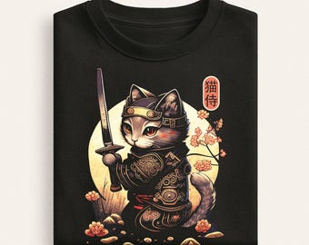 Samurai Cat T-Shirt, Japanese Ninja Kitten Tattoo Style