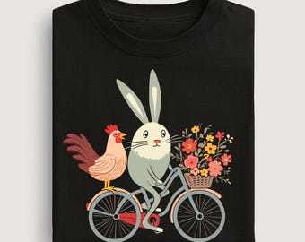Bunny and Chicken Bicycle T-Shirt: Whimsical Animal Graphic Tee