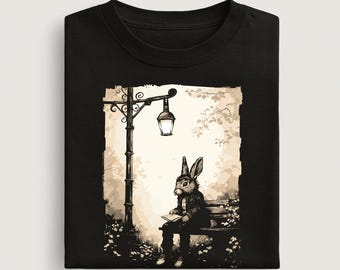 Vintage Reading Rabbit T-Shirt: Literary Art, Book Lover Gift