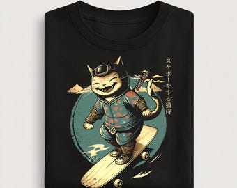 Samurai Skateboard Katze T-Shirt, Japanische Streetwear, Lustiges Katzen-Shirt