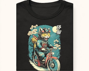 Japanese Samurai Cat Motorcycle T-Shirt, Ninja Kitten Art