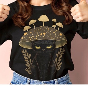 Mushroom Cat T-shirt, Cat Mushroom Hat, Cat Mom Gifts, Cute Cottagecore Aesthetic Cat for Women and Kids