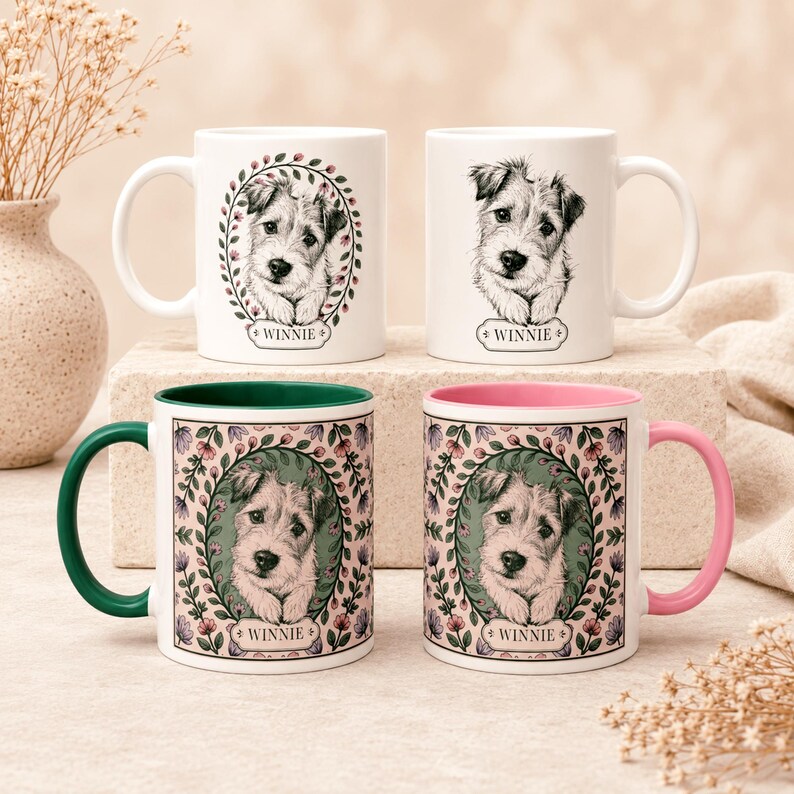 Custom Dog Portrait Mug | Personalized Floral Pet Name Keepsake image 3