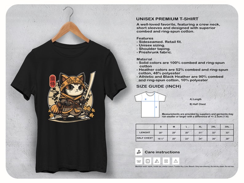 Samurai Cat Tshirt, Japanese Kawaii Ninja Cat Tshirt, Samurai Cat