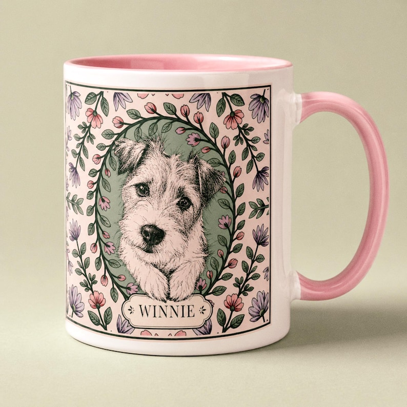 Custom Dog Portrait Mug | Personalized Floral Pet Name Keepsake image 1