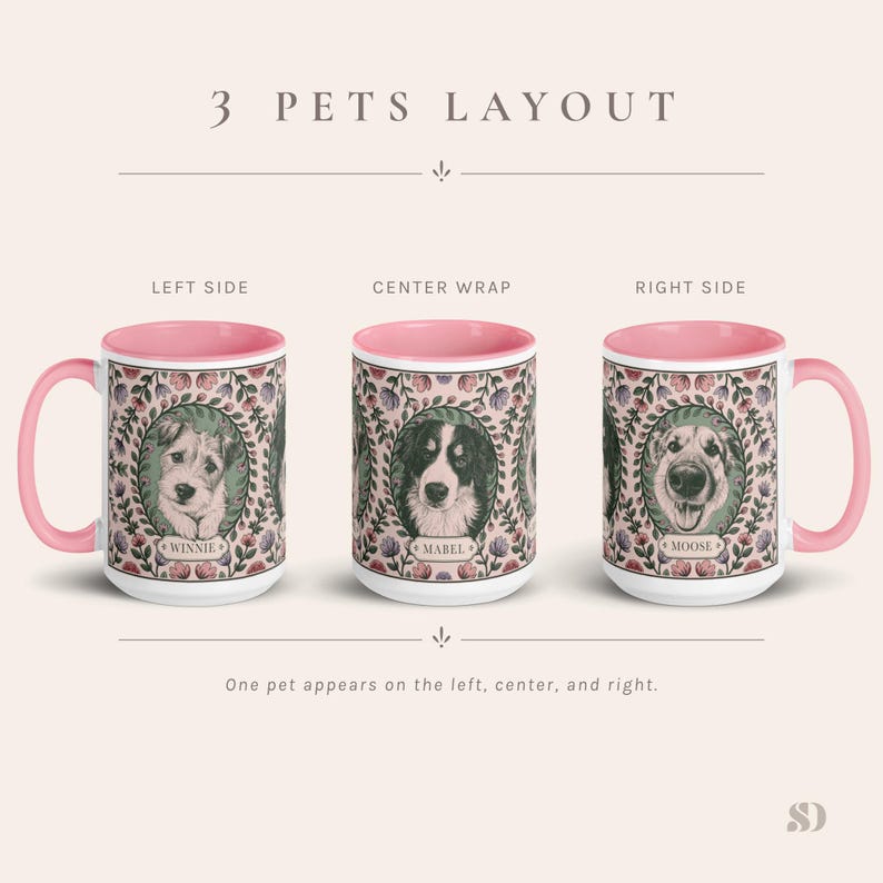 May include: Three ceramic mugs with pink handles and interiors. Each mug features a different dog portrait surrounded by a floral wreath. The mugs are labeled "Winnie", "Mabel", and "Moose". The text "3 PETS LAYOUT" is at the top.