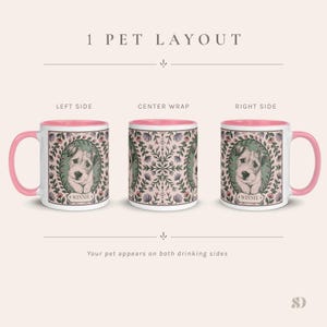 May include: A white ceramic mug with a pink handle and interior, featuring a dog portrait surrounded by a floral wreath. The mug has the name "WINNIE" on it. The text "1 PET LAYOUT" is at the top.