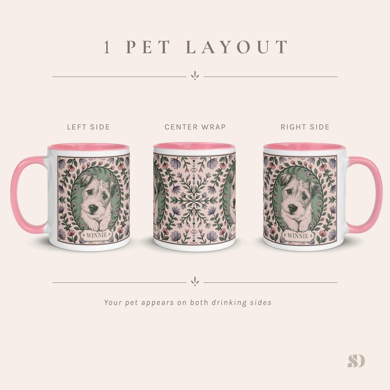 May include: A white ceramic mug with a pink handle and interior, featuring a dog portrait surrounded by a floral wreath. The mug has the name "WINNIE" on it. The text "1 PET LAYOUT" is at the top.