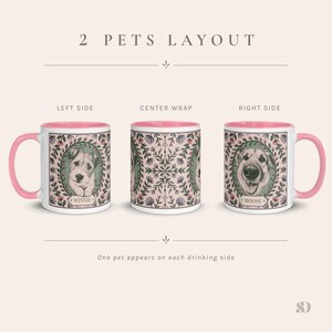May include: Three white ceramic mugs with pink handles and rims. Each mug features a different design: a dog portrait, a floral pattern, and another dog portrait. The mugs are labeled "2 PETS LAYOUT."