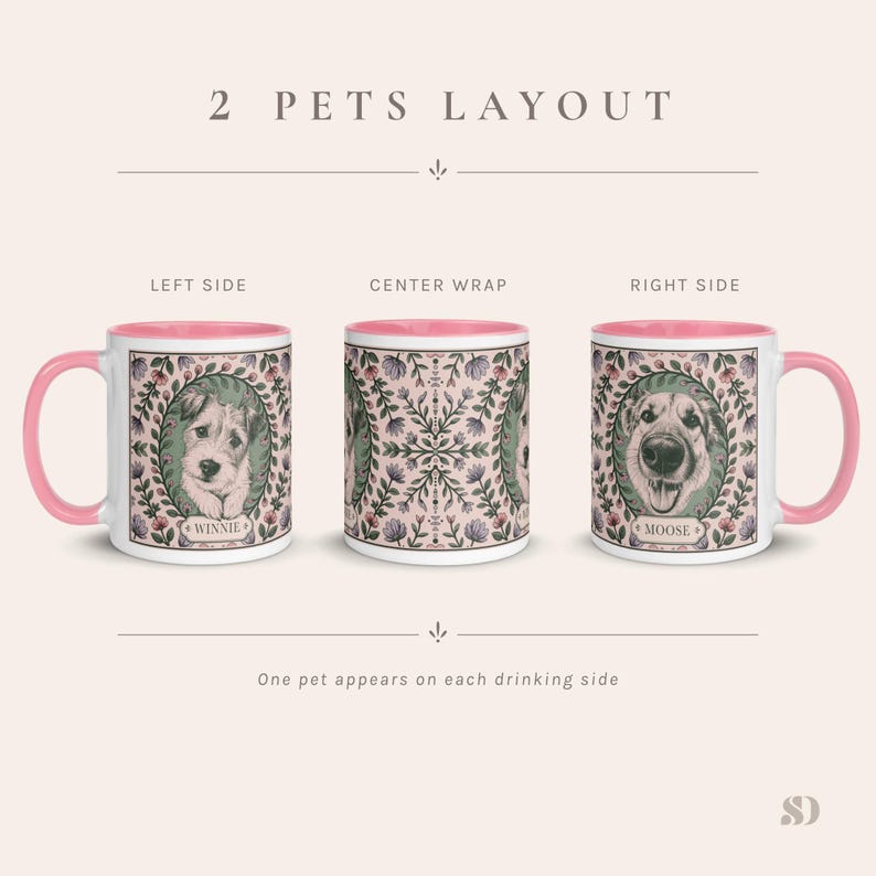 May include: Three white ceramic mugs with pink handles and rims. Each mug features a different design: a dog portrait, a floral pattern, and another dog portrait. The mugs are labeled "2 PETS LAYOUT."