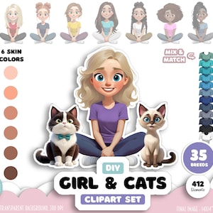 Könnte beinhalten: Ein digitales Clipart-Set mit dem Titel "DIY Girl & Cats" mit einem Cartoon-Mädchen mit blonden Haaren, das mit zwei Katzen sitzt. Das Set enthält 6 Hauttöne, 35 Katzenrassen und verschiedene Hemdfarben. Der Text "Create custom portraits!" ist ebenfalls enthalten.