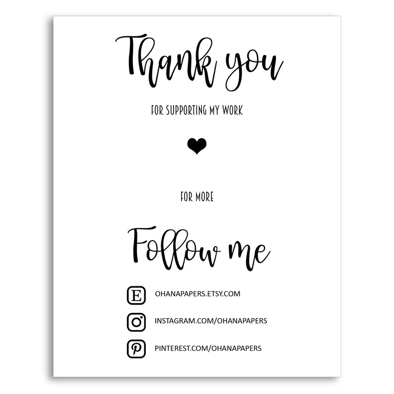 Pode incluir: Obrigado por apoiar meu trabalho. Para mais informa&ccedil;&otilde;es, siga-me no Etsy, Instagram e Pinterest. As al&ccedil;as de m&iacute;dia social est&atilde;o listadas abaixo do texto "Siga-me".