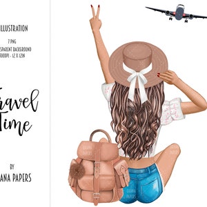 ファッション旅行ガール クリップアート - かわいいバックパックガールのイラスト、プランナーカバー、旅行バックパックプランナー用品、アフロガール クリップアート