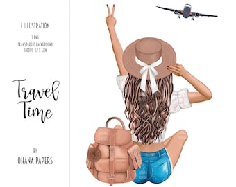Clipart de menina de viagem de moda - ilustração de menina de mochila fofa, capa de planejador, suprimentos de planejador de mochila de viagem, clipart de menina afro