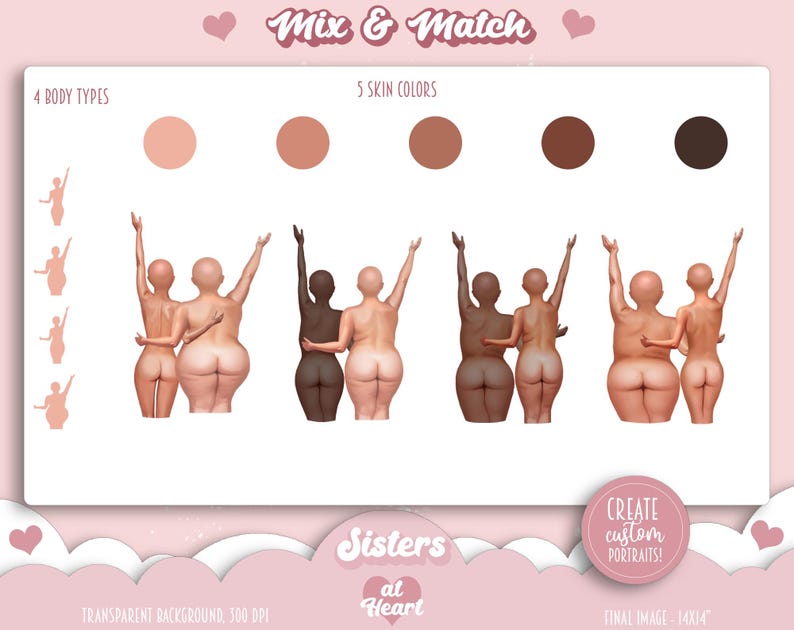 Bästa vänner - Soul Sisters BFF Clipart | Anpassad bästiskonst | Modeflickor PNG | Kurviga och plus size-bästisar | Vy bakifrån bild 7