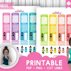 Puede incluir: Pegatinas de seguimiento de fitness imprimibles con un diseño colorido. Las pegatinas muestran a una mujer con una camiseta sin mangas azul y pantalones cortos negros corriendo. Las pegatinas incluyen secciones para hacer un seguimiento de los entrenamientos, la hidratación y los pasos diarios.