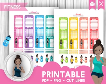 Afro Girl Workout Sidebar Tracker Printable Stickers - Fitness Health Running Planner Stickers - Steps Hydrate Cricut Stickers Black Girl