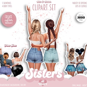 Bästa vänner - Soul Sisters BFF Clipart | Anpassad bästiskonst | Modeflickor PNG | Kurviga och plus size-bästisar | Vy bakifrån bild 1
