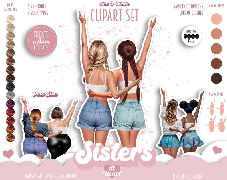 Bästa vänner - Soul Sisters BFF Clipart | Anpassad bästiskonst | Modeflickor PNG | Kurviga och plus size-bästisar | Vy bakifrån bild 1