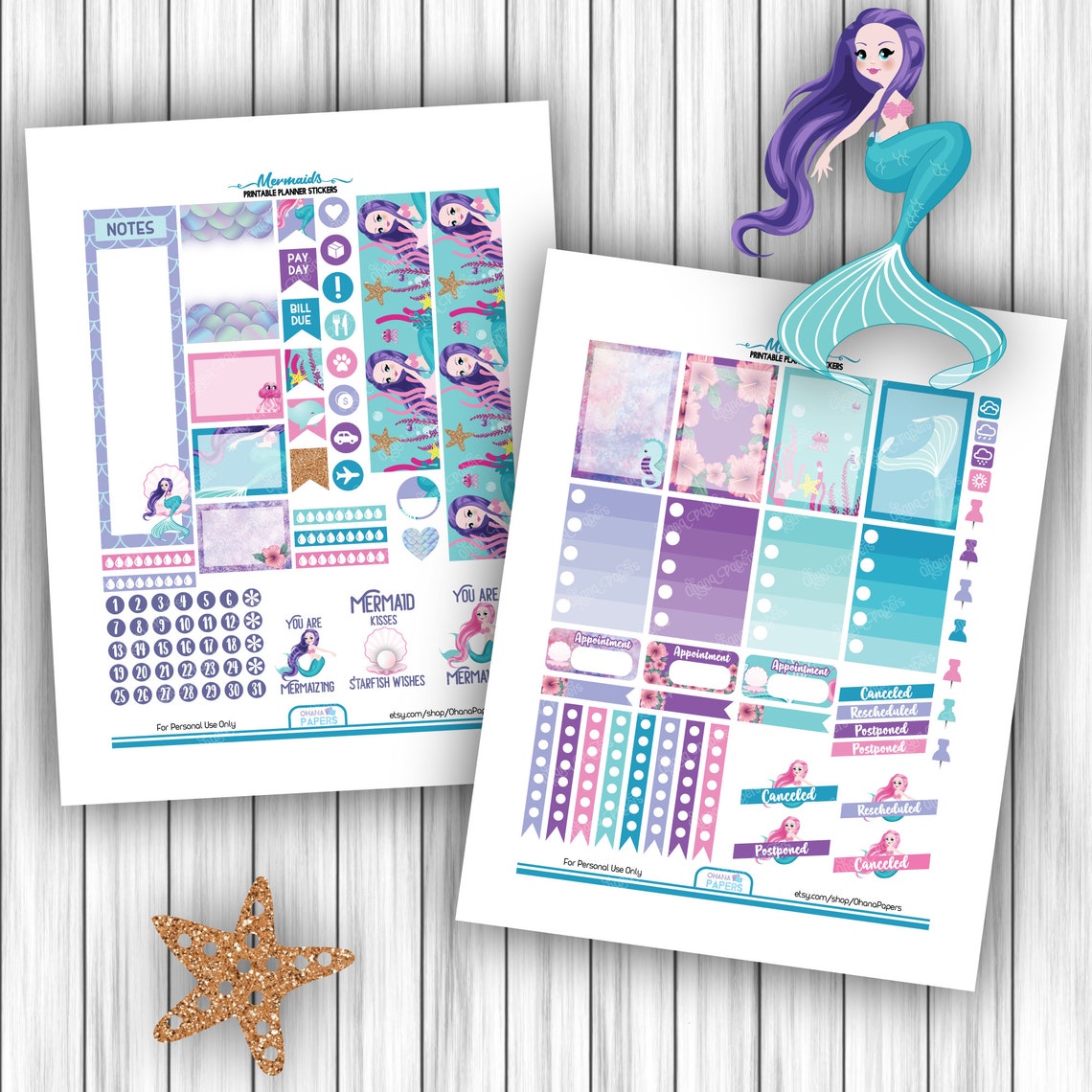 MERMAID Printable Stickers Happy Planner Classic Weekly Kit | Etsy