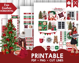 May include: A set of printable Christmas planner stickers featuring a red and green color scheme. The stickers include a variety of designs, such as a Christmas tree, a snowman, a gift, and a Santa Claus. The stickers are perfect for adding a festive touch to your planner.