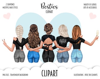 May include: Illustration of four friends standing back to back, wearing black tops and jeans. The friends are wearing different hairstyles and have different skin tones. The text "Besties Squad" is on the back of one of the friend's jackets.
