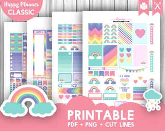 Kit hebdomadaire de planificateur imprimable arc-en-ciel pastel - Mambi Happy Planner | Autocollants HP Cricut | Autocollants mignons de planificateur