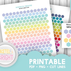 Afdrukbare zeshoekige plannerstickers, honingraatstickers, Bullet Journal-herinnering, functionele pastelkleurige regenboogstickers afdrukken en knippen