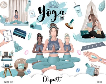 YOGA GIRL Clipart | Esboço de moda do planejador, ilustração de garota da moda fitness - Clipart de meditação de lótus | Garota afro-americana afro