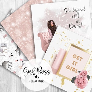 May include: A set of three digital printable papers featuring a pink and white glitter background, a pink and white illustration of a woman sitting on a pink chair, and a pink and white illustration of a framed sign with the text "Get It Girl" and pink roses.