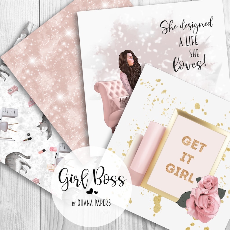 May include: A set of three digital printable papers featuring a pink and white glitter background, a pink and white illustration of a woman sitting on a pink chair, and a pink and white illustration of a framed sign with the text "Get It Girl" and pink roses.