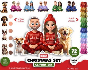 Christmas Family Clipart, Best Friends Dogs, Dog Lover Clipart, Custom Dogs, View from Front, Cute Couple Illustration