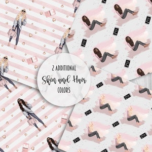 May include: Two seamless patterns featuring a woman with long blonde hair wearing sunglasses, a white sweater, blue jeans, and a pink bag. The patterns are on a pink and white striped background with pink hearts. The text "2 ADDITIONAL Skin and Hair COLORS" is in a circle.
