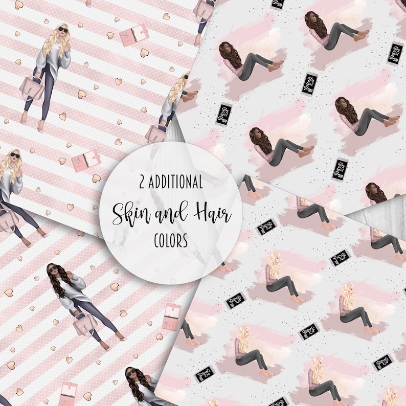 May include: Two seamless patterns featuring a woman with long blonde hair wearing sunglasses, a white sweater, blue jeans, and a pink bag. The patterns are on a pink and white striped background with pink hearts. The text "2 ADDITIONAL Skin and Hair COLORS" is in a circle.