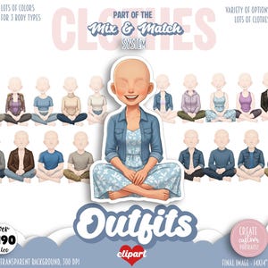 May include: Digital illustration of a woman in a blue denim jacket and floral dress, surrounded by various outfit options. Text includes "Mix & Match System" and "Outfits". The image offers lots of colors and body types, with over 1190 files available.