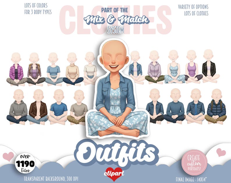 May include: Digital illustration of a woman in a blue denim jacket and floral dress, surrounded by various outfit options. Text includes "Mix & Match System" and "Outfits". The image offers lots of colors and body types, with over 1190 files available.