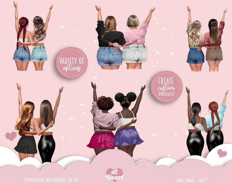 Bästa vänner - Soul Sisters BFF Clipart | Anpassad bästiskonst | Modeflickor PNG | Kurviga och plus size-bästisar | Vy bakifrån bild 2
