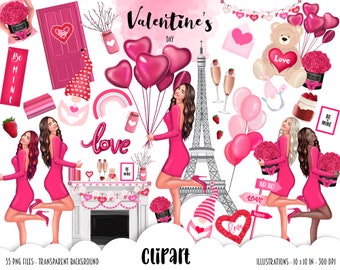 VALENTINES DAY Clipart, Fashion Girl Illustration, Valentine Gnome Clipart, Romantic Planner Girl, African American Black Girl Graphics