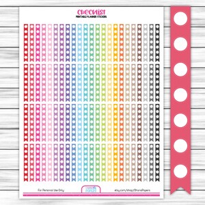 May include: Printable checklist planner stickers with a variety of colors and polka dot patterns. The stickers are arranged in rows and columns on a white background. The text "Checklist Printable Planner Stickers" is at the top of the page. The text "For Personal Use Only" is at the bottom left of the page. The text "etsy.com/shop/OhanaPapers" is at the bottom right of the page.