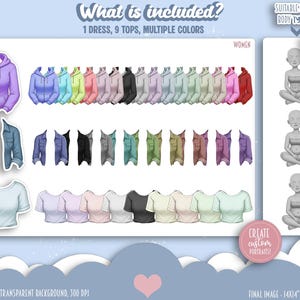 May include: Digital illustration of various tops and a dress in multiple colors, including a purple hoodie, denim jackets, and t-shirts. The image includes the text "What is included?" and "Create custom portraits!"